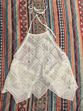 Free People White Eyelet Halter Crop Top